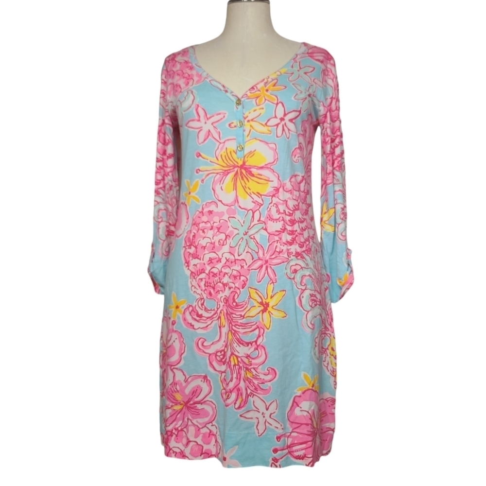 Lilly Pulitzer Palmetto Floral Blue Pink Yellow White Tab Sleeves Mini Dress S